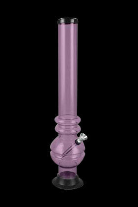 Pink glass water pipe against a black background.