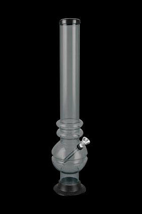 Clear glass water pipe (bong) against a black background.