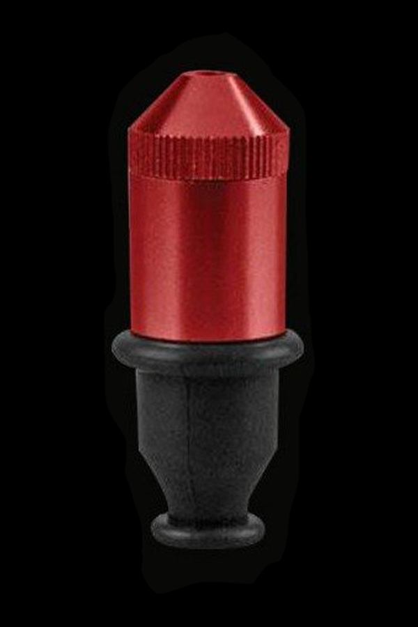 Close-up front view of the red Bullet Pipe - Small with a metallic cap and black rubber stem against a black background