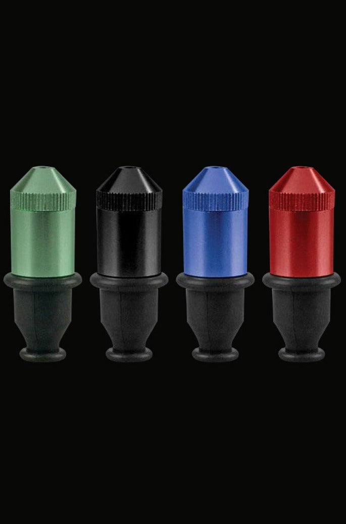 Row of four Bullet Pipe - Small metal bullet-shaped pipes in green, black, blue, and red shown front-on against a black background