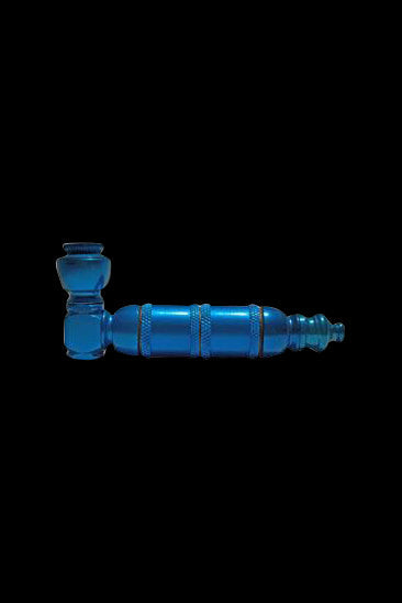 Blue glass cannabis pipe on a black background.