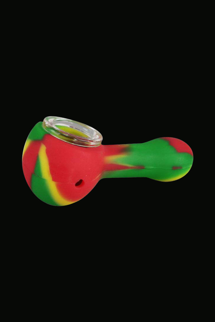 The Classic Silicone Hand Pipe with Glass Bowl is shown in a close-up, angled view against a dark backdrop.
