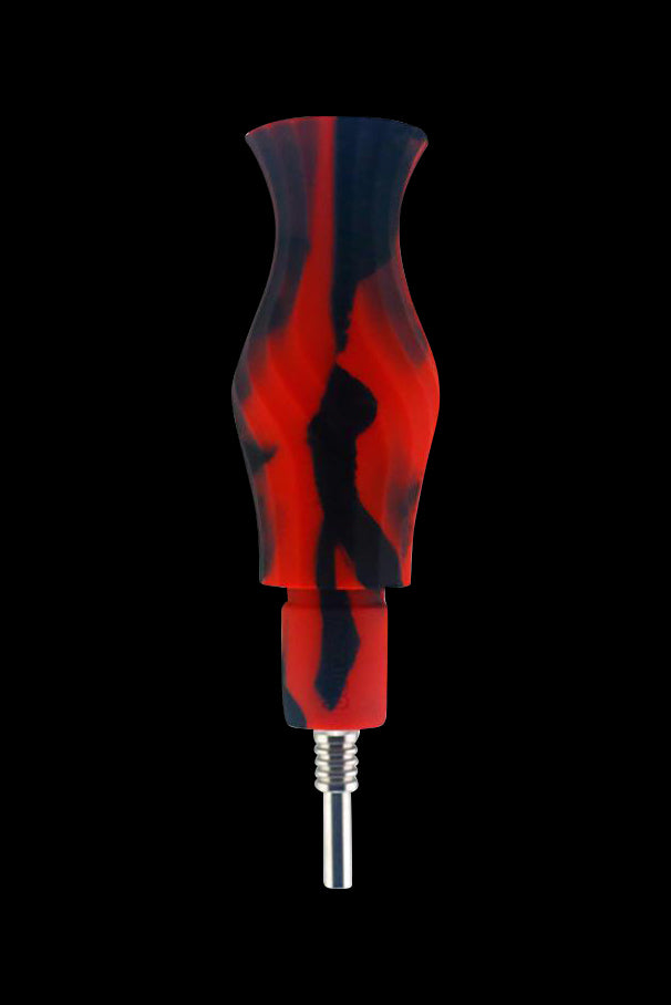 Red and black silicone dab tool with a titanium tip.