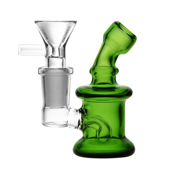 A side view of the Super Nano Travel Rig Bubbler, showcasing its compact size and clear glass construction.