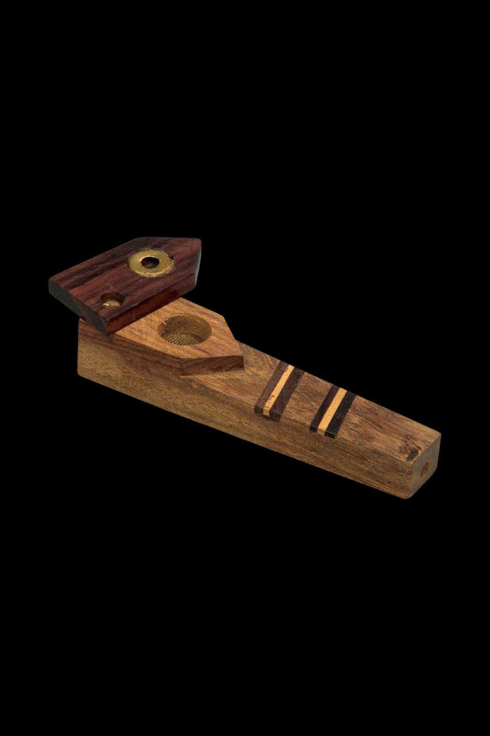 A three-quarter view of the Tri-Tone Wood Pipe with Swivel Cover & Screen, showcasing its polished wood grain and covered bowl.