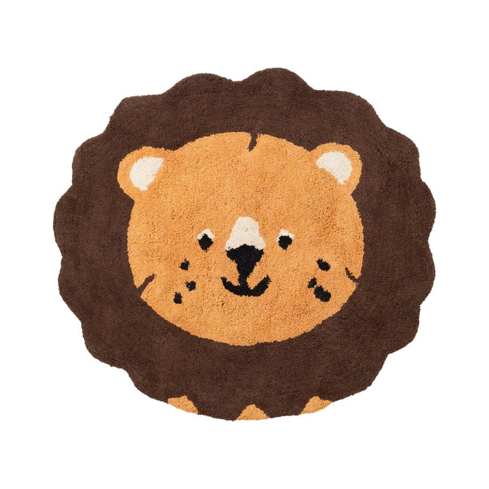 Round rug with a lion's face design on a white background