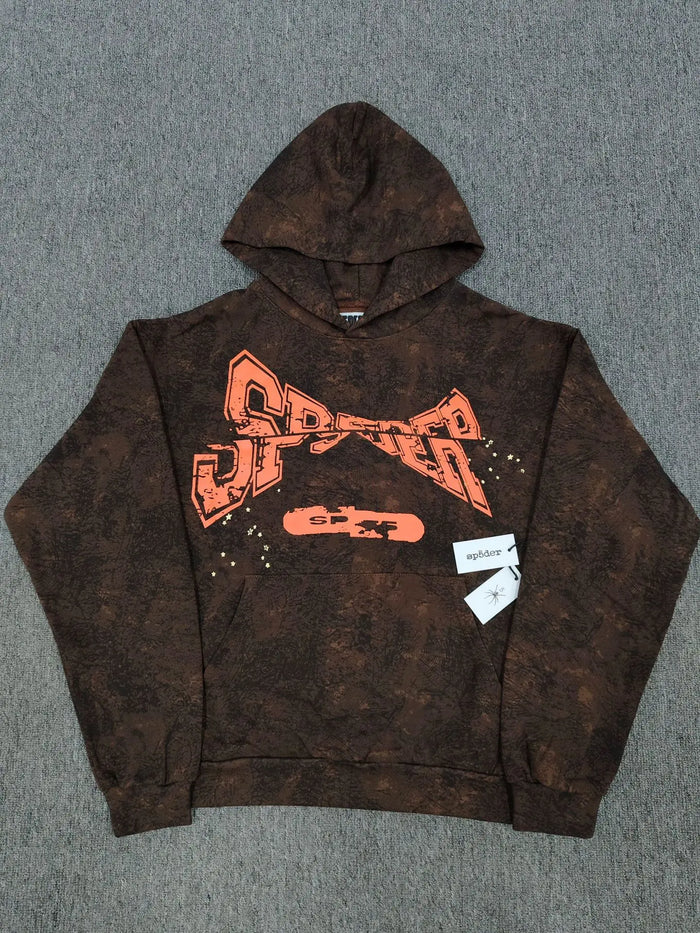 Sp5der brown tie-dye pullover hoodie with orange graphic logo print on the chest