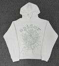 White Sp5der rhinestone hoodie with crystal spiderweb and logo graphic on chest