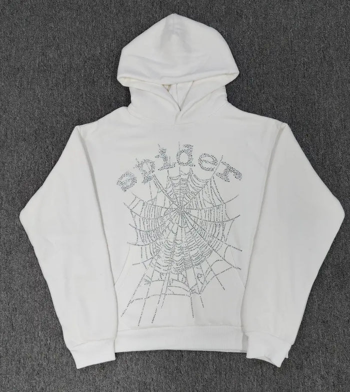 White Sp5der rhinestone hoodie with crystal spiderweb and logo graphic on chest