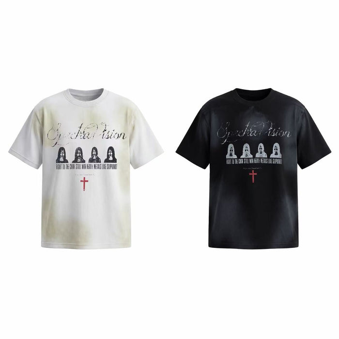 Omirad Spectra Vision distressed graphic tee in washed white and washed black with gothic band-style front print