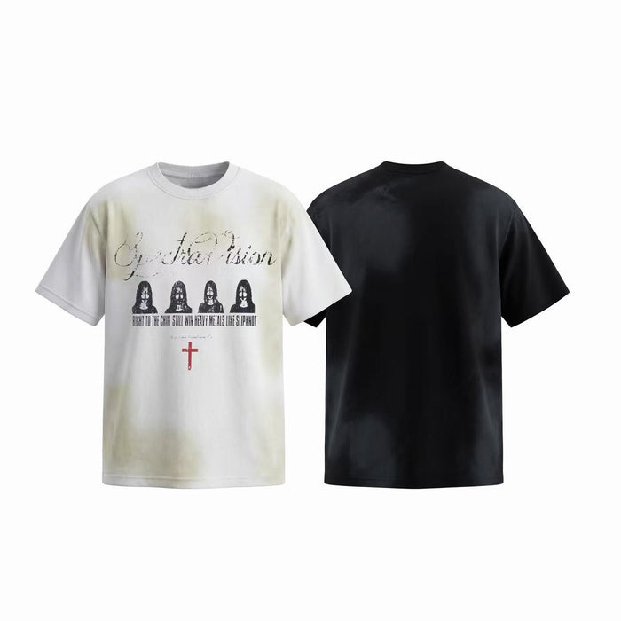 Distressed washed graphic tee with front print, shown in white and black streetwear style