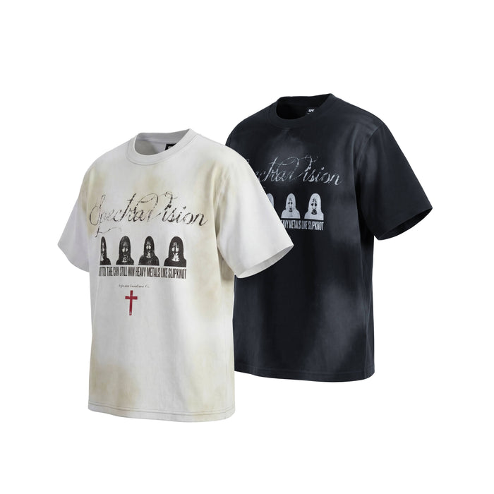 Distressed graphic tees in washed black and cream, featuring vintage-style print and oversized streetwear fit