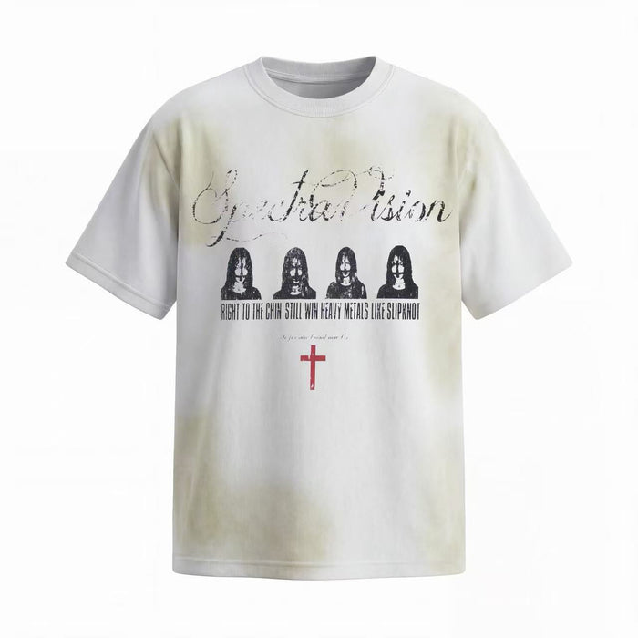 Washed white distressed graphic tee with faded black print, four face portraits, and a small red cross