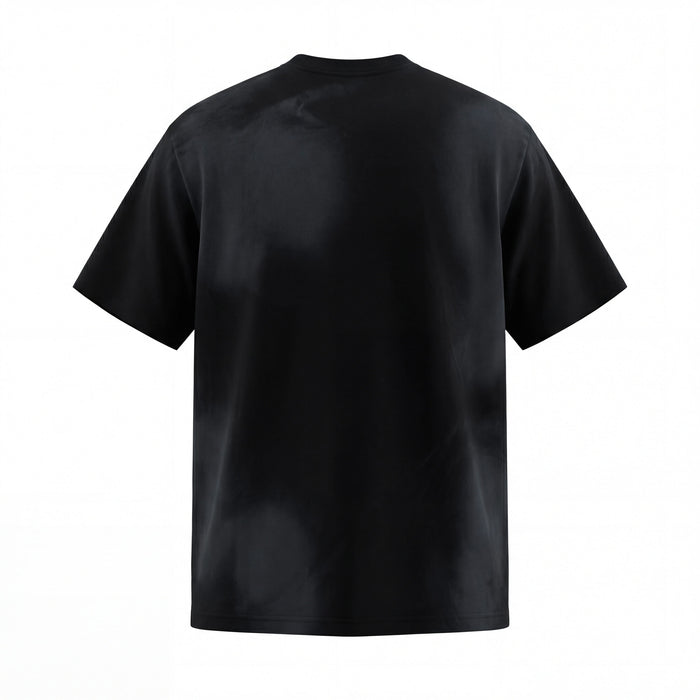 Black washed distressed graphic tee with oversized fit and subtle faded streetwear texture, back view on white background