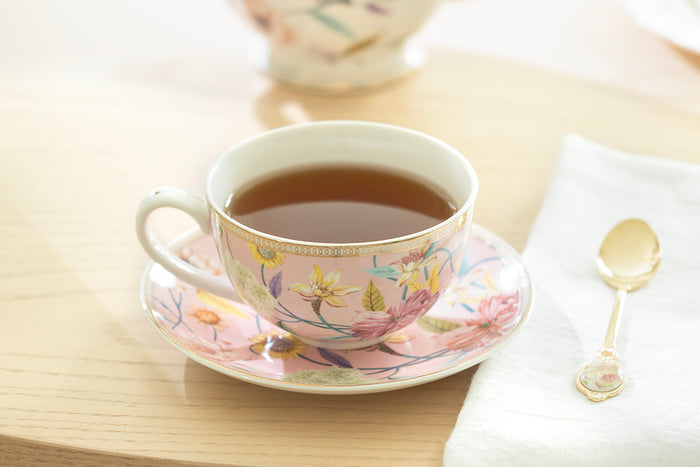 Spring Flowers with Bird Pink Fine Porcelain Latte Cup and Saucer