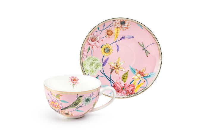 Spring Flowers with Bird Pink Fine Porcelain Latte Cup and Saucer