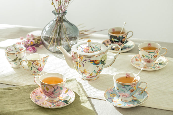 Spring Flowers with Hummingbird Assorted Color Cups Fine Porcelain Tea Set