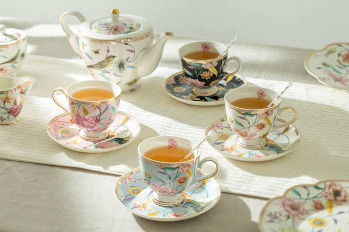 Spring Flowers with Hummingbird Assorted Color Cups Fine Porcelain Tea Set