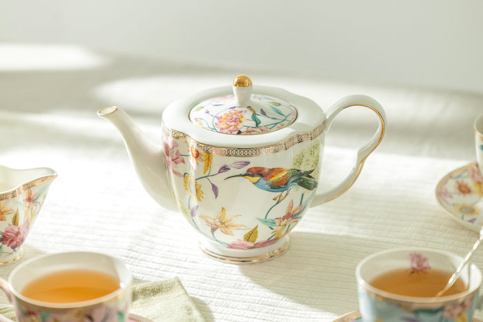 Spring Flowers with Hummingbird Assorted Color Cups Fine Porcelain Tea Set