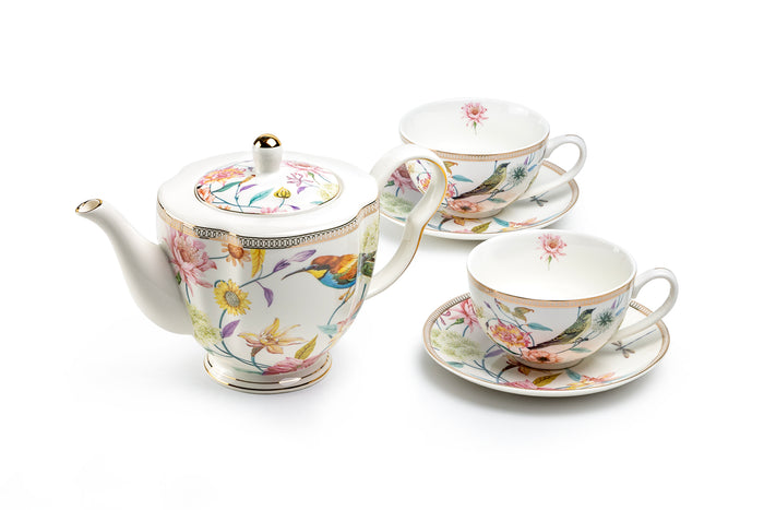 Spring Flowers with Hummingbird Fine Porcelain Latte Cups 5-Piece Tea Set