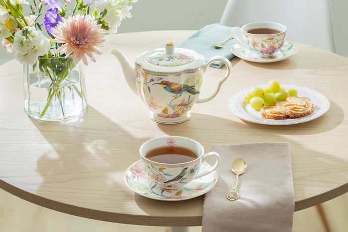 Spring Flowers with Hummingbird Fine Porcelain Latte Cups 5-Piece Tea Set