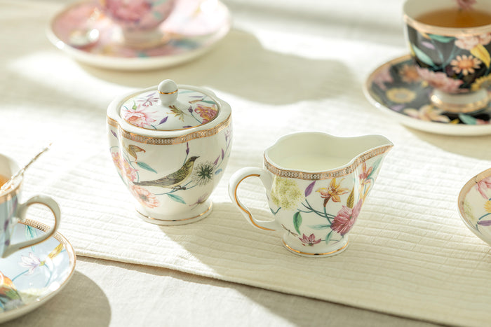 Spring Flowers with Hummingbird Fine Porcelain Latte Cups Tea Set