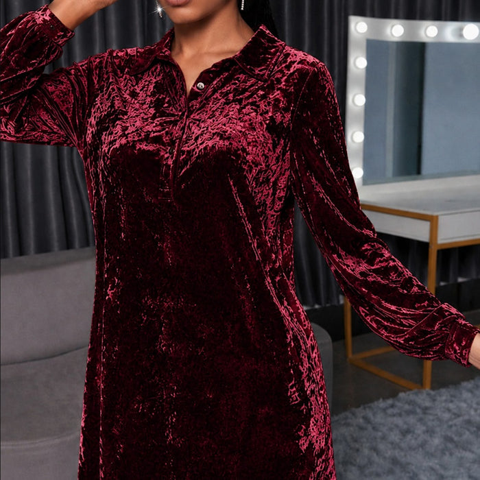 Stand-collar Long-sleeve Loose-fit Crystal Velvet Dress