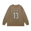 Khaki brown oversized long-sleeve mesh jersey with number 13 chest graphic and white star appliqué patches