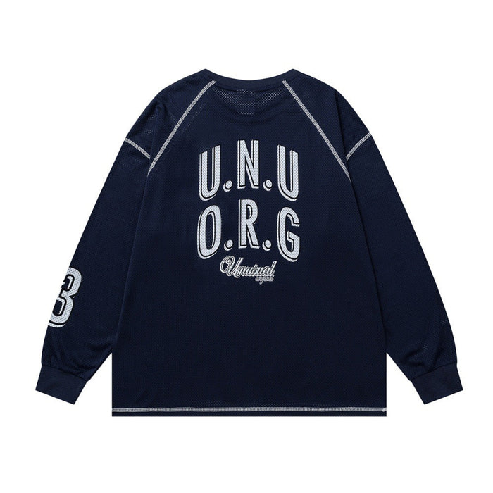 Navy long-sleeve mesh jersey back view with U.N.U O.R.G graphic and number 3 on sleeve