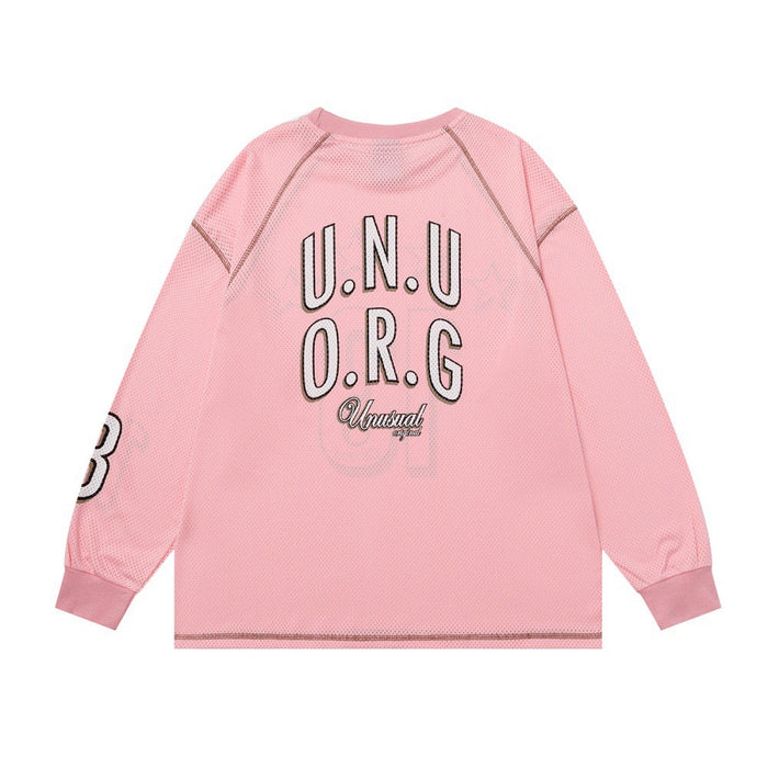 Pink long-sleeve mesh jersey back view with U.N.U O.R.G graphic and number 3 on sleeve