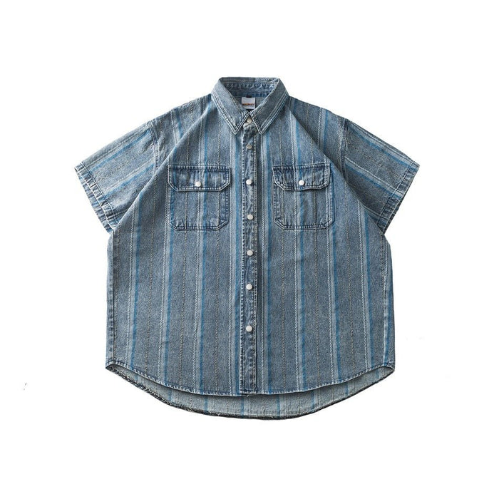 Striped Denim Chambray Shirt on Sale - Men's and Women's Short Sleeve Vintage Style - Seakoff