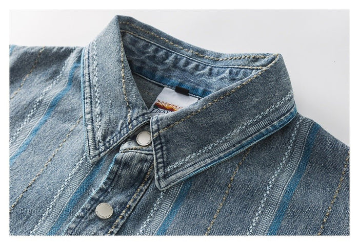 Striped Denim Chambray Shirt on Sale - Men's and Women's Short Sleeve Vintage Style - Seakoff