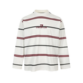 White mock neck long sleeve tee with burgundy and black horizontal stripes, front view