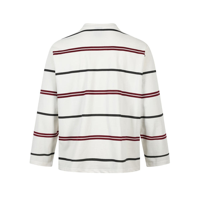 White striped mock neck long sleeve tee shown from the back