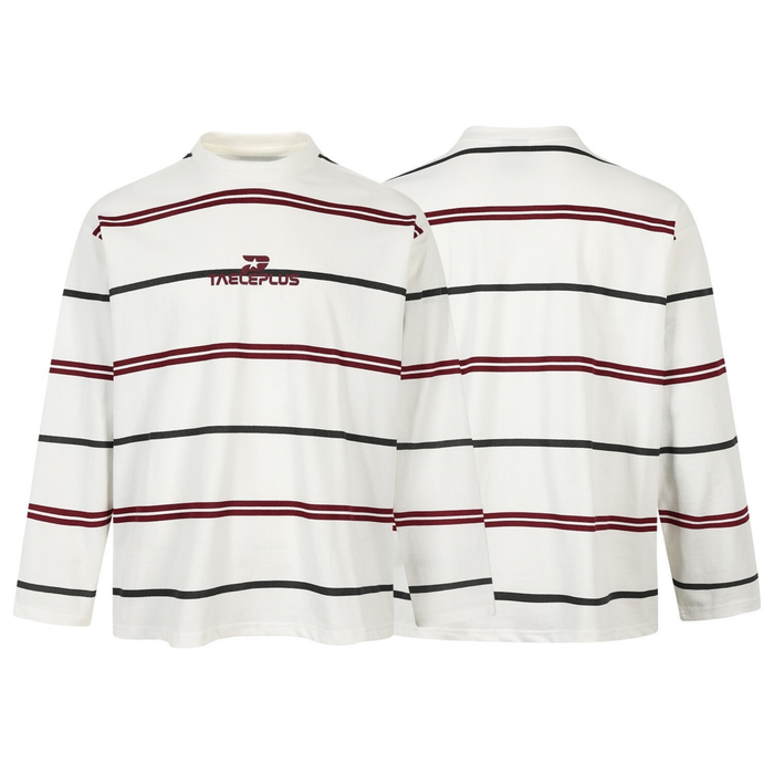 White striped mock neck long sleeve tee shown front and back