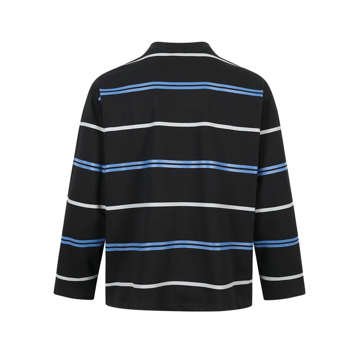 Black striped mock neck long sleeve tee shown from the back