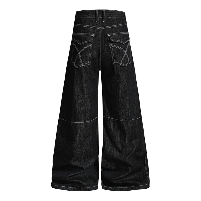 Black wide-leg denim pants, back view with stitched pocket panels