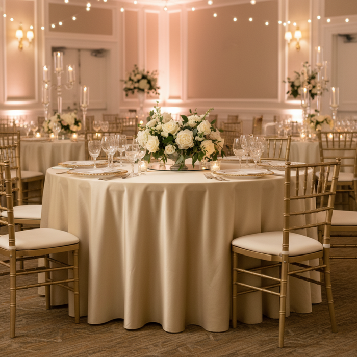 Indoor wedding reception with 120 round champagne taffeta tablecloth