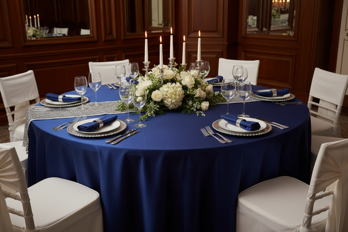 formal indoor dinner setup using Taffeta-Tablecloth-120"-Round-Navy-Blue