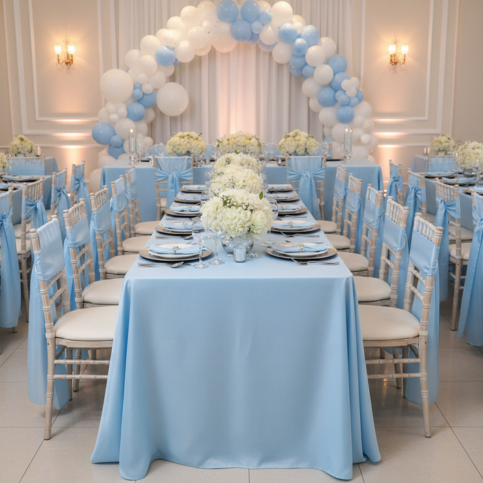 Taffeta Tablecloth 90"x132" Rectangular - Baby Blue with silver charger plate | baby blue napkin | wine goblets