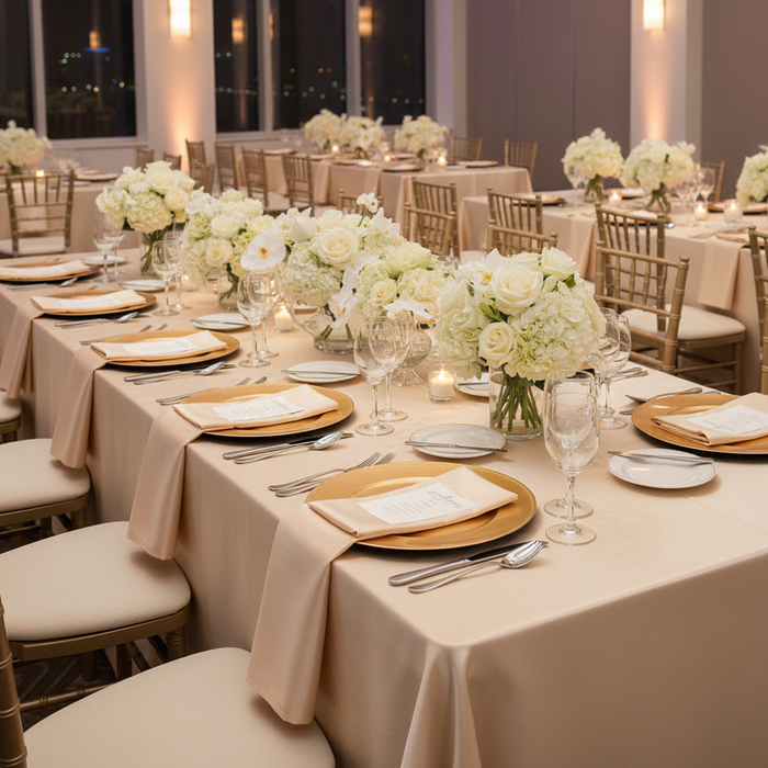 Taffeta Tablecloth 90"x132" Rectangular - Champagne with gold charger plate | champagne napkin | wine goblets