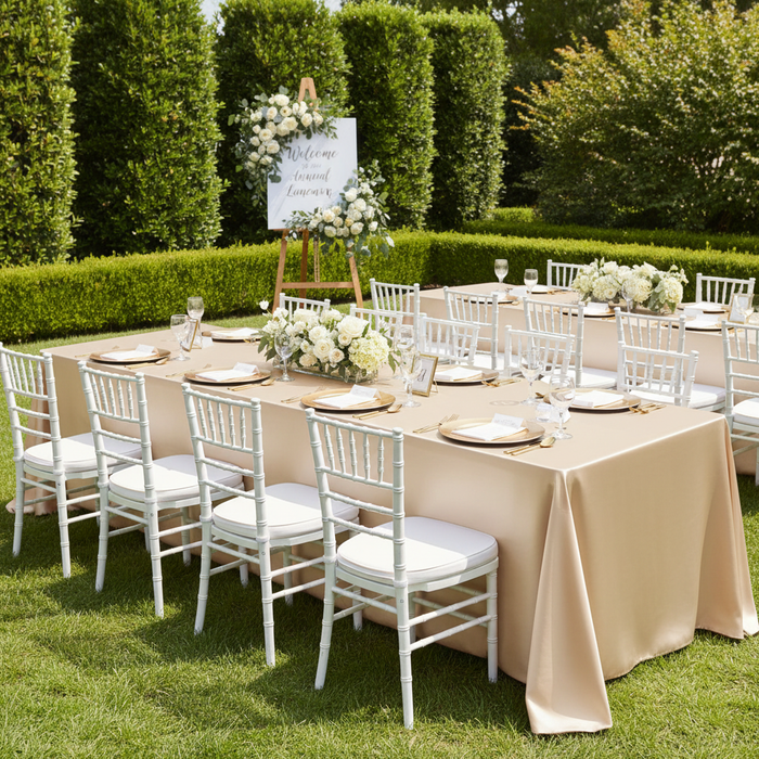 Taffeta Tablecloth 90"x132" Rectangular - Champagne with gold charger plate | white napkin | wine goblets