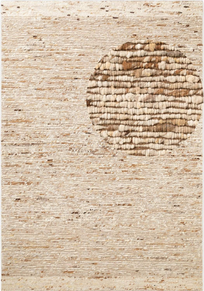 Textured beige and brown area rug with a circular pattern