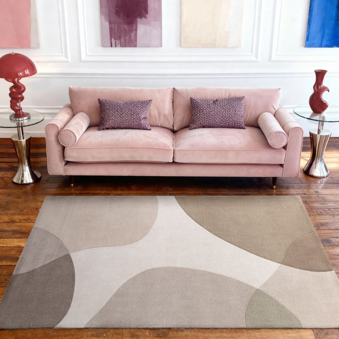 Wool Rug Clarissa Beige Grey Abstract design rug, high-low textured pile, easy to clean.