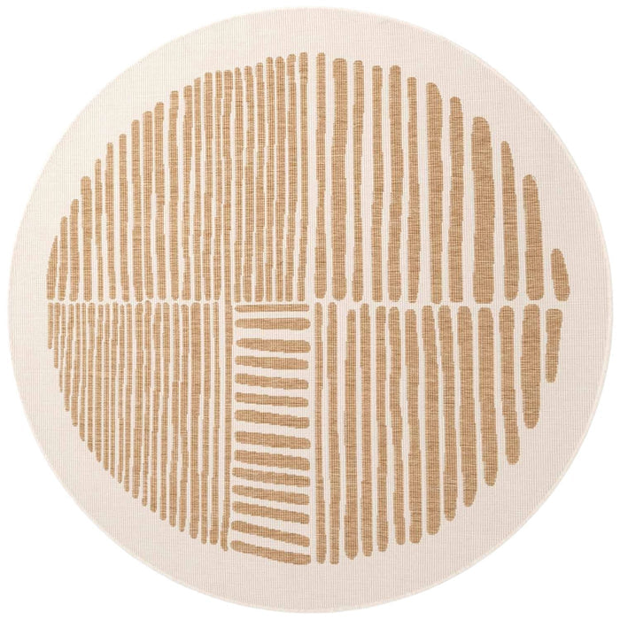 Round beige rug with brown abstract pattern on a white background