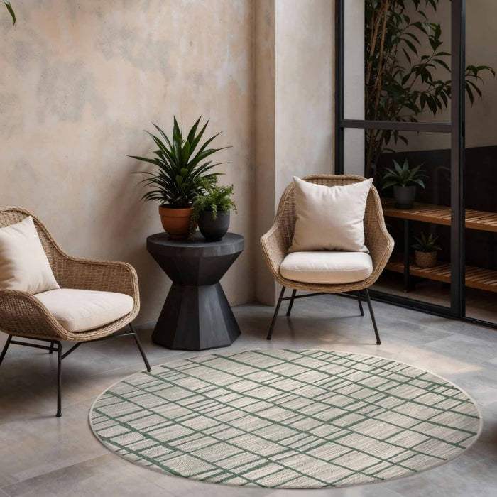 Living room with wicker chairs, round rug, and plants