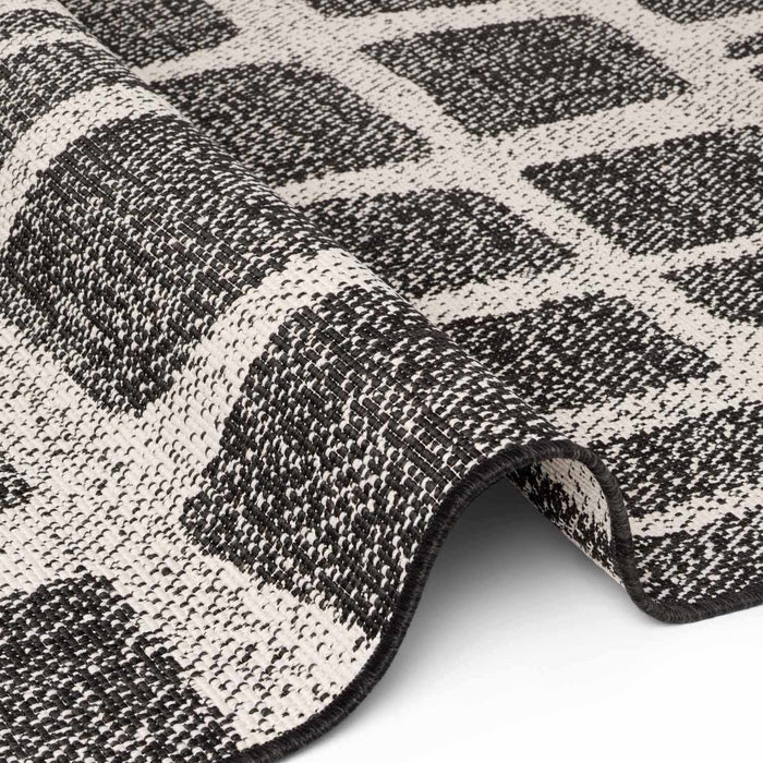 Close-up of a black and white patterned rug on a white background