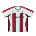 White and red striped mesh football jersey with black trim, number 7, and streetwear-inspired front graphics