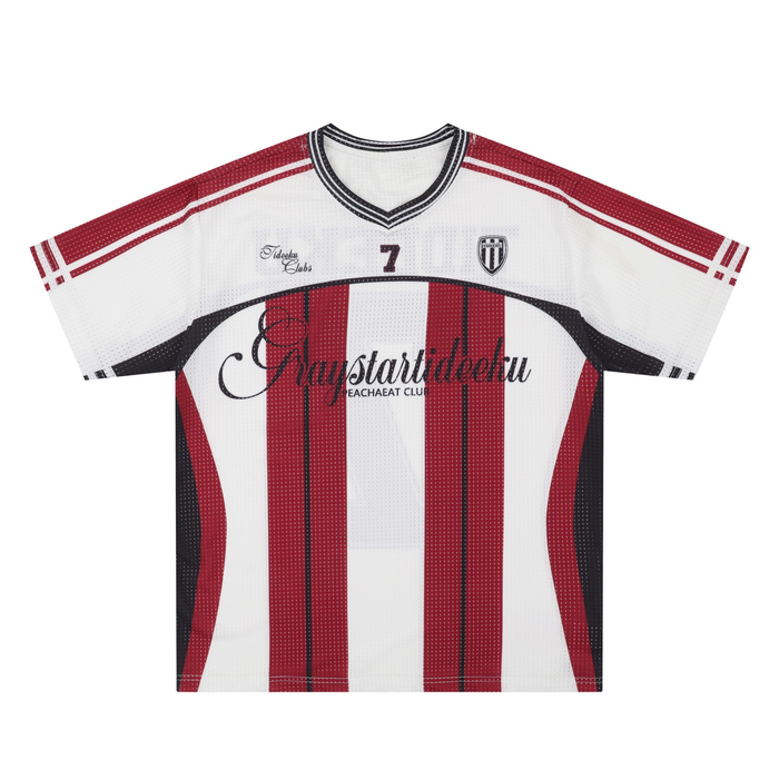 White and red striped mesh football jersey with black trim, number 7, and streetwear-inspired front graphics