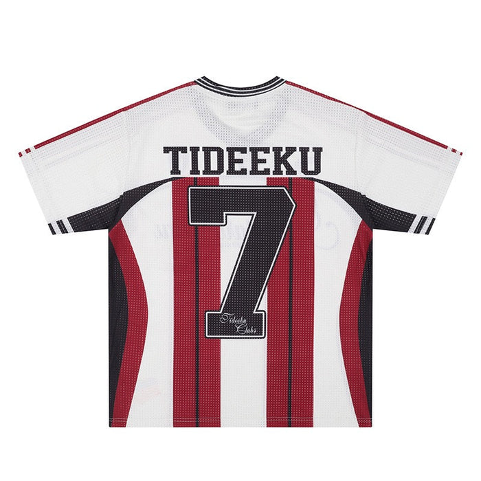 White striped mesh football jersey with red and black panels, Tideeku No. 7 graphic on the back, streetwear style